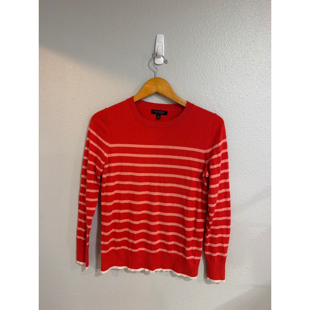 Banana Republic Striped Sweater Womens‎ Medium Red Pink Silk Cashmere Crew Neck